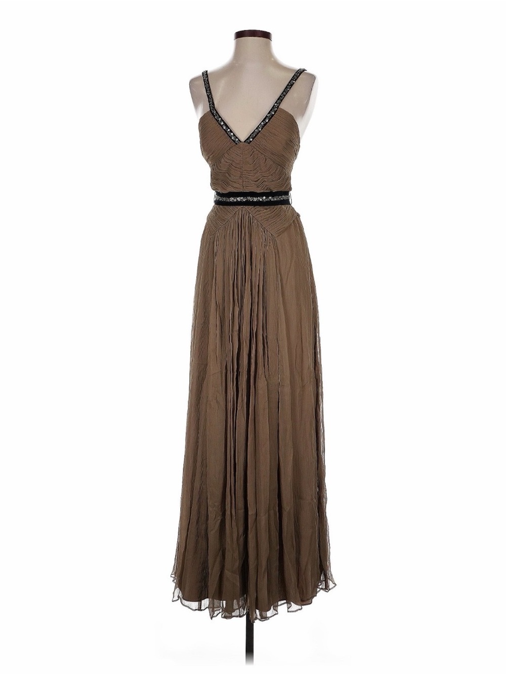 100% Silk BCBGMaxAzria Brown Beaded Strap Chiffon Evening Gown